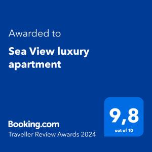 une capture d'écran avec le texte attribué à un rendez-vous de luxe avec vue sur la mer dans l'établissement Sea View luxury apartment, à Vólos