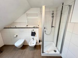 e bagno con doccia, servizi igienici e lavandino. di Ferienapartment Huber a Oberkirch