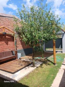 un árbol en un patio junto a una terraza de madera en Alojamiento el Ancla, en San Rafael