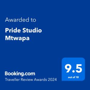 een screenshot van een mobiele telefoon met de tekst toegekend aan prijs studio micropolitan bij Pride Studio Mtwapa in Mombasa