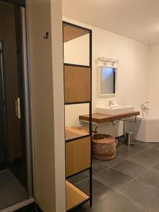 a bathroom with a sink and a mirror at Woning Oostende - Oosteroever in Ostend