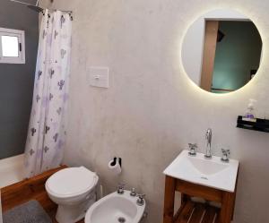 uma casa de banho com um WC, um lavatório e um espelho. em Malvón em Cafayate