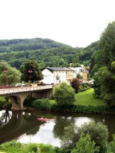 uma ponte sobre um rio com uma cidade ao fundo em Logis Hotel-Restaurant Dimmer em Wallendorf pont