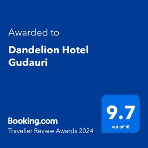 Ett certifikat, pris eller annat dokument som visas upp på Dandelion Hotel Gudauri