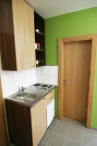 a kitchen with green walls and a sink and a door at Penzión NADKA in Bojnice