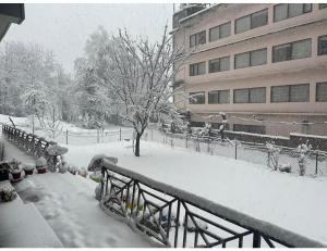 a snow covered park with a building and a tree at Pine Shadow Retreat, Manali in Manāli