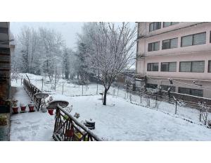 a snow covered yard with a fence and a building at Pine Shadow Retreat, Manali in Manāli