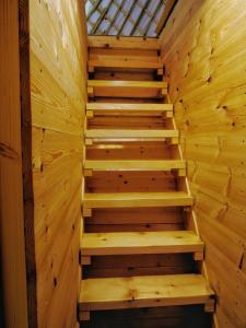 a sauna with stairs in a wooden wall at Kadosa Jurta Apartman in Esztergom