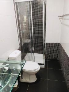 uma casa de banho com um WC e uma cabina de duche em vidro. em SwissPorto Guest House no Porto