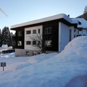 een gebouw met een berg sneeuw ervoor bij Chalet Alberti Davos Platz in Davos