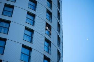 une personne monte sur le côté d'un bâtiment dans l'établissement Novotel Angers Centre Gare, à Angers