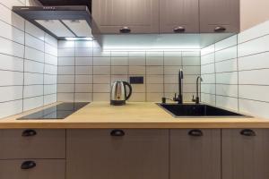 cocina con fregadero y encimera en Self Check-in Apartments Maidan Area, en Kiev