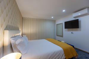 a bedroom with a bed and a flat screen tv at Live in Aveiro in Aveiro