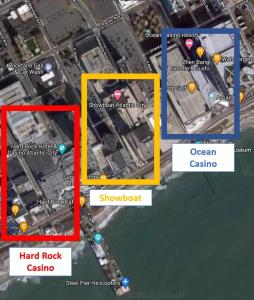 um mapa da cidade de hast rock casino e casino oceânico em Huge Beachfront Condo CozySuites at Showboat em Atlantic City