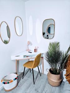 d'un bureau avec une chaise, une plante et des miroirs. dans l'établissement Refuge Parfumé Cosy 4 couchages, à Grasse