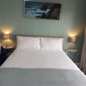 een slaapkamer met een wit bed en 2 lampen bij Kates Place Studio 1 in Donegal