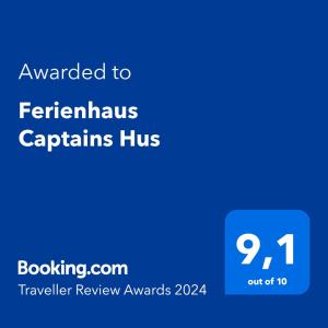 Сертификат, награда, табела или друг документ на показ в Ferienhaus Captains Hus