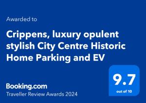 Sertifikat, nagrada, logo ili drugi dokument prikazan u objektu Crippens, Central City Luxury Historic Home Free Parking and EV