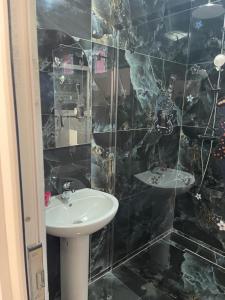 een badkamer met een wastafel en een douche bij CAMERE de INCHIRIAT LA TUGUIATA in Buşteni