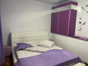 een slaapkamer met een bed en een paarse kast bij CAMERE de INCHIRIAT LA TUGUIATA in Buşteni