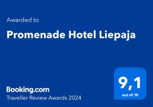 Promenade Hotel Liepaja में दिखाया गया कोई प्रमाणपत्र, अवॉर्ड, हस्ताक्षर या कोई दूसरा दस्तावेज़