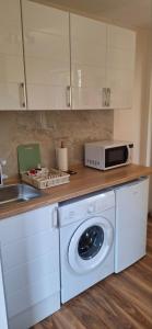 a kitchen with a washing machine and a microwave at Apartman Bonsai in Subotica