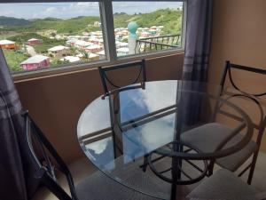 een glazen tafel en stoelen in een kamer met een raam bij Zeus Estate Guesthouse in Grays Hill