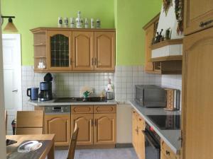 eine Küche mit Holzschränken und grünen Wänden in der Unterkunft Ferienwohnung Burgblick in Plaue