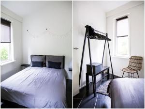 two pictures of a bedroom with a bed and a chair at COSY Holiday Home in Harderwijk