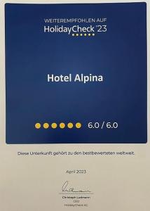 Certifikat, nagrada, znak ali drug dokument, ki je prikazan v nastanitvi Hotel Alpina