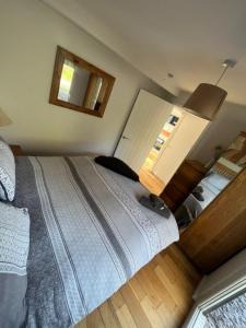 ein Schlafzimmer mit einem großen Bett und einem Spiegel in der Unterkunft North Wales Lake View 2 Bedroom in Caernarfon