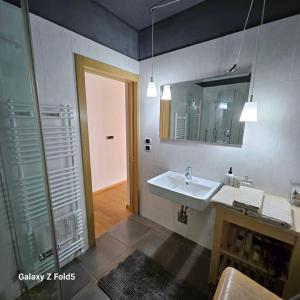 een badkamer met een wastafel, een douche en een spiegel bij Ka.La Apartment in Bolzano