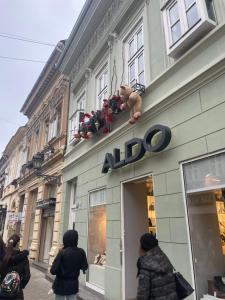 um ursinho de peluche sentado em cima de uma loja em Lux Dabich 1 em Novi Sad