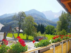 een balkon met bloemen en bergen op de achtergrond bij Rute Hotel and Apartments in Kranjska Gora