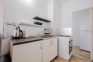 cocina blanca con fregadero y nevera en Apartman Sweet home, en Humenné