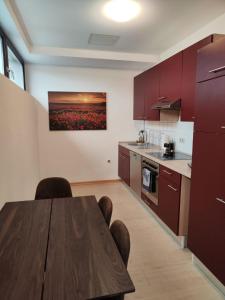 a kitchen with a wooden table in a room at * Wohlfühloase Köln I * in Cologne