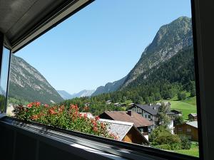 una ventana con flores y vistas al valle en Hotel Garni Madrisa, en Brand