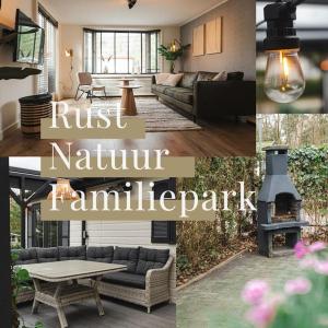 a collage of pictures of a living room with a fireplace at Chalet op familiepark Veluws Hof op de Hoge Veluwe in Hoenderloo