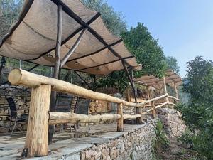 a group of tables and chairs with an umbrella at Ελαιώνας - Solar Energy House in Chorefto