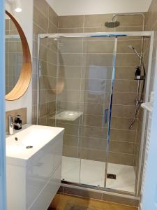 eine Dusche mit Glastür neben einem Waschbecken in der Unterkunft 102 - Appart rénové avec grand salon et 1 chambre - Tram et Clinique Mutualiste à 1 min in Grenoble