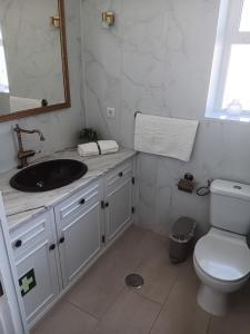 uma casa de banho com um lavatório, um WC e um espelho. em 7stars Apartment em Faro