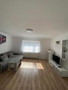 uma sala de estar com um sofá e uma televisão em Apartmán Nikol em Prievidza