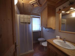 a bathroom with a sink and a toilet and a mirror at Appartamento Brentegani in Arabba