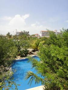 ein blauer Pool mit Bäumen und ein Gebäude im Hintergrund in der Unterkunft Sotavento Hotel & Yacht Club in Cancún