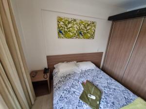 ein Schlafzimmer mit einem Bett und einem Bild an der Wand in der Unterkunft Flat Hotel Veredas Rio Quente Hot Park apto 216, 323 e 522 in Rio Quente