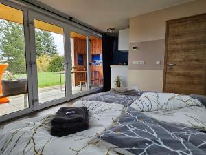 a bedroom with a large bed and large windows at Baumhaus und Tinyhaus in Mühlhausen