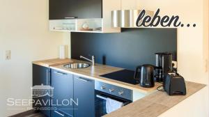 a small kitchen with blue cabinets and a sink at Seepavillon Rheinsberg in Rheinsberg