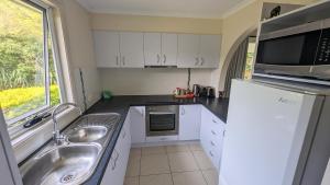 małą kuchnię ze zlewem i lodówką w obiekcie Rainforest Deluxe Bungalow w mieście Port Macquarie