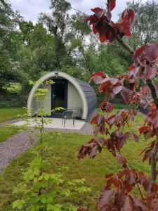 d'un kiosque avec une table et une chaise dans le jardin. dans l'établissement Mount Hillary Holiday Pods, à Cork