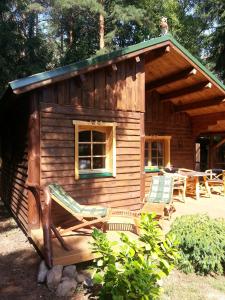 een blokhut met 2 stoelen en een tafel bij Holzhaus Waldwichtel am Wald und See in Neuruppin